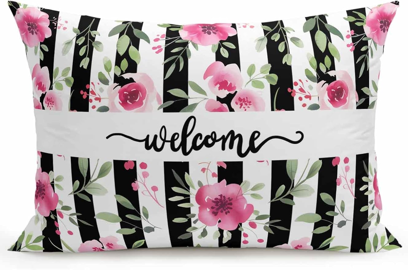 Outdoor Waterproof Throw Pillows Welcome Words Pink Flowers Patio Pillows,Decorative Pillow Covers with Insert,Pillow Cushion Case for Garden Couch Sofa Country Black Line