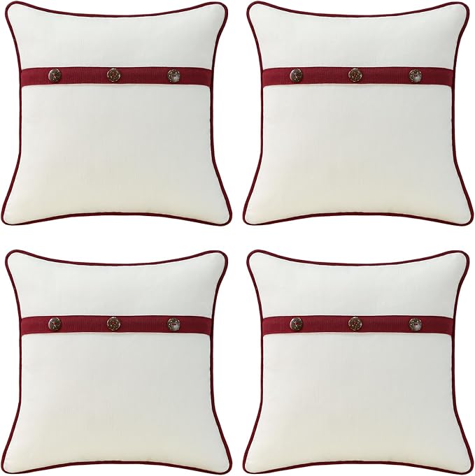 Outdoor Sunbrella Decorative Pillows with Triple Coconut Buttons Pack of 4, 18" x 18" Outdoor Pillow Set for Couch Bed Throw Patio Sofa, Spectrum Eggshell/Spectrum Ruby