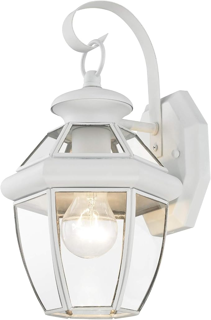 Livex Lighting 2051-03 Monterey 1 Light Outdoor White Finish Solid Brass Wall Lantern with Clear Beveled Glass | Clear Beveled Glass; Solid brass construction