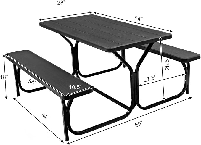 Hysache Picnic Table Bench Set, Patio All Weather Metal Base Camping Set w/Wood Texture Tabletop, Steel Frame, Large Tables for Backyard Poolside Garden Lawn (Black) (OP3499)