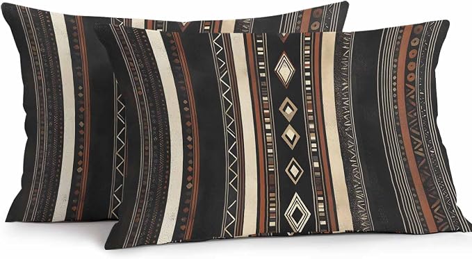 Black Beige Boho Outdoor Pillow Covers 20x12 Inch Lumbar Pillow Covers Set of 2 Waterproof Decorative Throw Pillow Cases Vintage Abstract Geometric Ethnic Cushion Covers for Patio Furniture Garden
