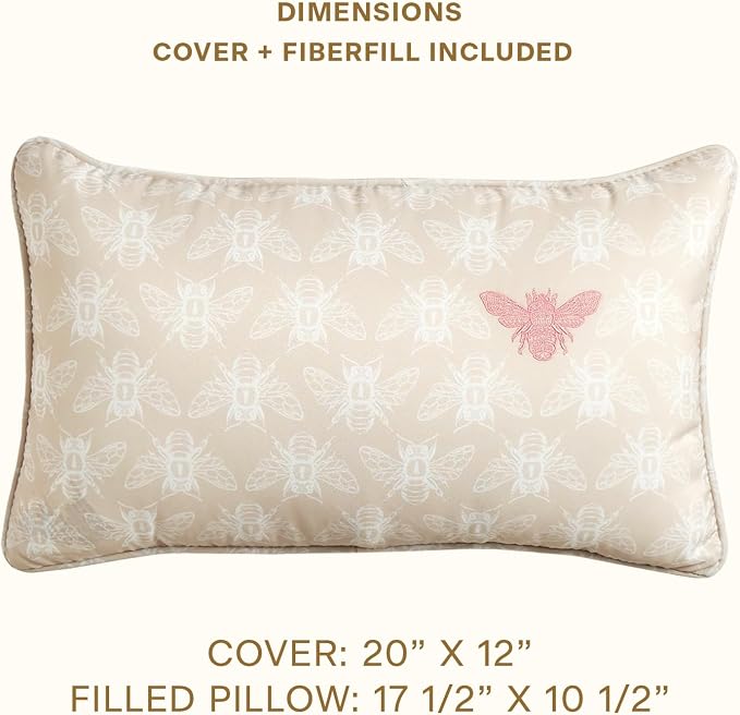 Honeycomb Indoor/Outdoor Lumbar Pillow for Patio Furniture, 20 x 12 | Chamomile Beige Embroidered Bumble Bee Throw Pillow, Water & Fade Resistant for Patio Furniture Set