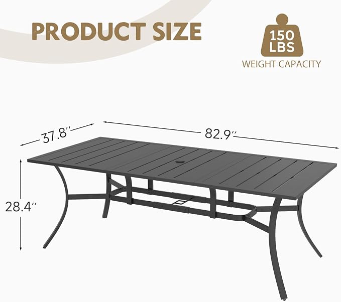 MELLCOM 83''x38'' Outdoor Dining Table for 8, Extra Large Metal Patio Dining Table with 1.57'' Umbrella Hole, Black Rectangular Table for Porch, Garden, Backyard, Poolside, Lawn