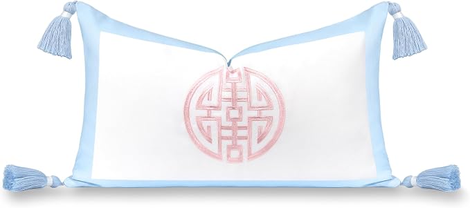 Hofdeco Premium Coastal Grandmillennial Patio Indoor Outdoor Lumbar Pillow Cover Only, 12"x20" Water Repellent for Backyard, Couch, Poolside, Baby Blue Pink Embroidered Double Happiness Symbol