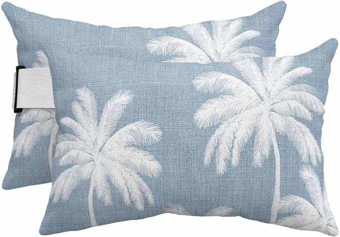 Pack of 2 Outdoor Lumbar Pillow Covers 12x20 Inch, Light Blue Palm Trees Waterproof Throw Pillow Covers Set, Farmhouse Tropical Summer Beach Indoor&Outdoor Decorative Cushion Cases for Patio Porch Car