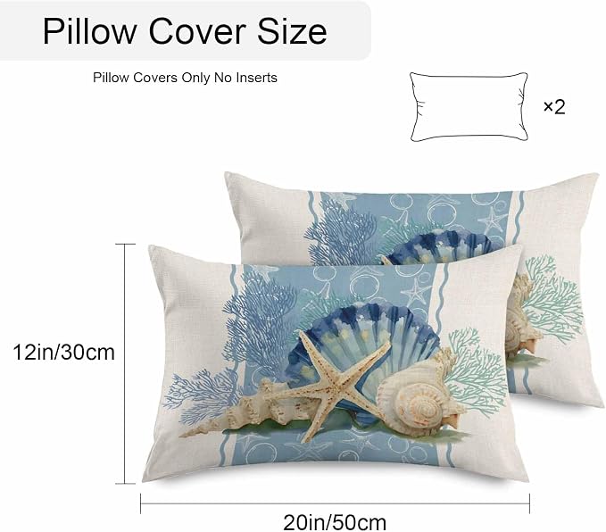 Coastal Oceans Waterproof Outdoor Pillow Covers Set of 2 Home Decor, Summer Beach Corals Shells Starfish Cotton Linen Pillowcase Patio Pillow Covers for Couch Bench Furniture Garden 20x12in