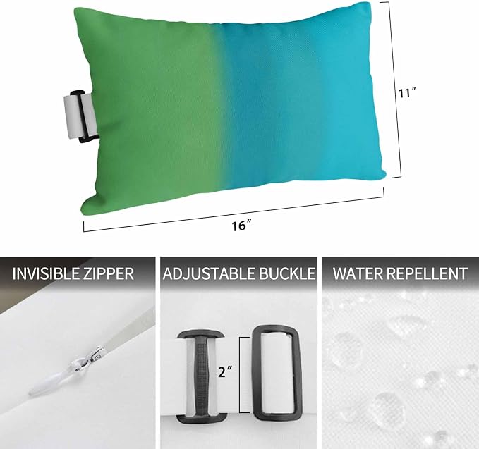 Color Ombre Striped Chaise Lounge Head Pillow, Minimalist Green Teal Blue Gradient Modern Water&Stain Proof Outdoor Chair Pillow with Strap&Insert for Garden Beach Pool Recliner, 12"x20", 1 PC