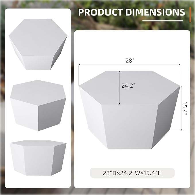 UPHA 28" Hexagon Outdoor Coffee Table, Modern Hollow Concrete Patio Table, Small Minimalist Low Accent Table for Living Room, Balcony, Deck, Backyard, Pure White