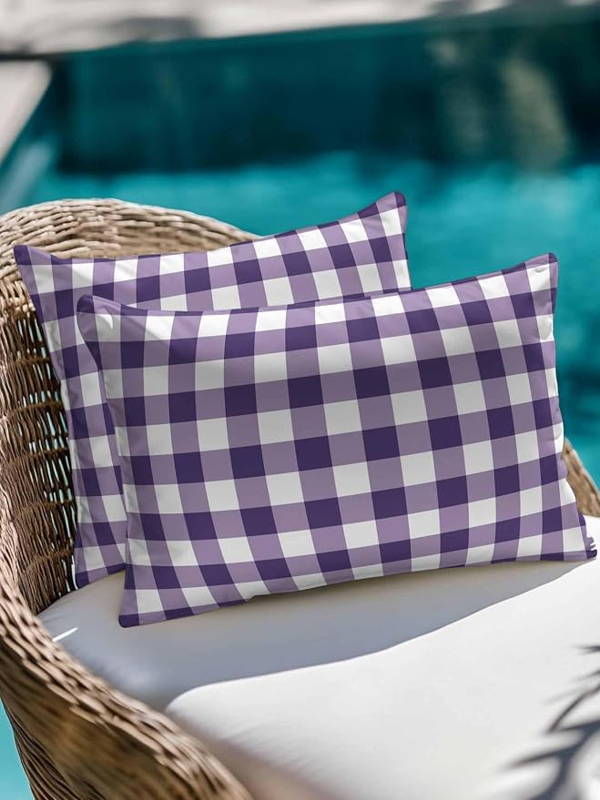 Waterproof Outdoor Pillow 1 Pack Purple Buffalo Plaid Decorative Throw Pillows Cover & Insert 20x12 Inch Lumbar Pillowcase Check Lines Pillows for Couch Sofa Bed Patio Furniture Indoor Outdoor