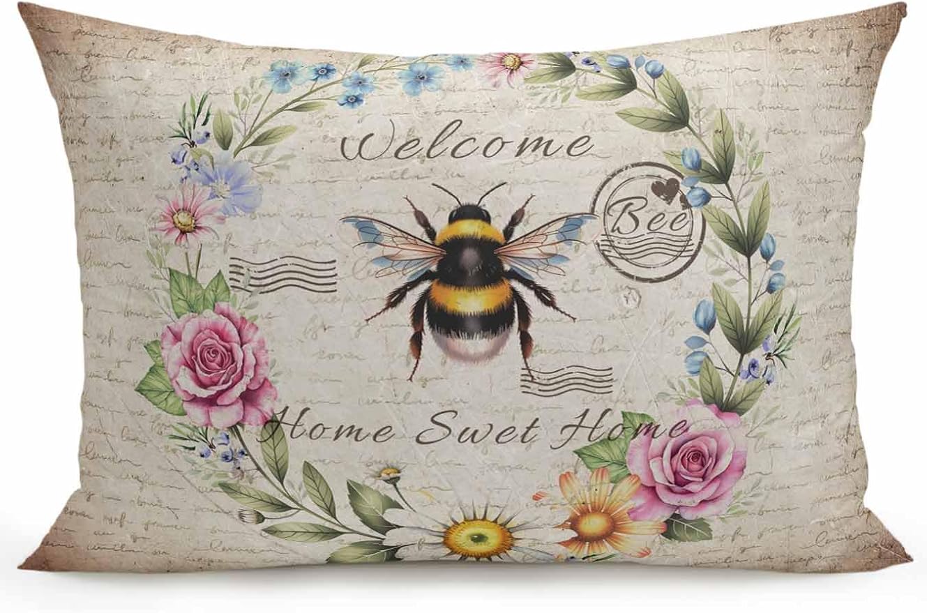 Outdoor Waterproof Throw Pillows Farmhouse Flower Leaf Wreath Patio Pillows,Decorative Pillow Covers with Insert,Pillow Cushion Case for Garden Couch Sofa Rustic Bee Retro Letter