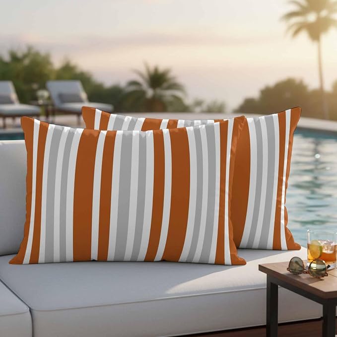 Burnt Orange Grey Stripe Outdoor Pillow Covers 20x12 Inch Lumbar Pillow Covers Set of 2 Waterproof Decorative Throw Pillow Cases Farmhouse Minimalist Striped Cushion Covers for Patio Furniture Garden