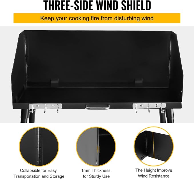 Carbon Steel Camp Cooking Table,38x16 Inch Heavy Duty Dutch Oven Table,with Three-Sided Windscreen and Four Legs for Grill Travel Table Outdoor Picnic,Beach,BBQ,Backyards