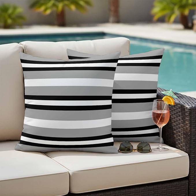 Black Gray Striped Outdoor Pillow Covers 26x26 Inch Throw Pillow Covers Set of 2 Waterproof Decorative Pillow Cases Contemporary Minimalist Lines Art Cushion Covers for Patio Furniture Garden Couch