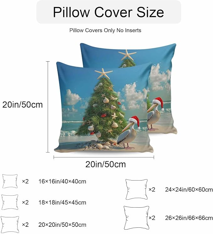 Christmas Outdoor Throw Pillows Covers 24x24 inch Set of 2 Waterproof Christmas Tree Decorative Zippered Cushion Covers for Patio Furniture, Pelican Starfish Shell Beach Wave Lumbar Pillowcases