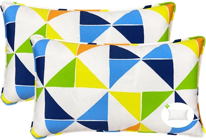 Pack of 2 Outdoor Waterproof Decorative Throw Pillows with Inserts for Patio Furniture, 20x12 Inch Fade Resistant Patio Garden Lumbar Cushions for Couch Bed Sofa, Triangular Multi