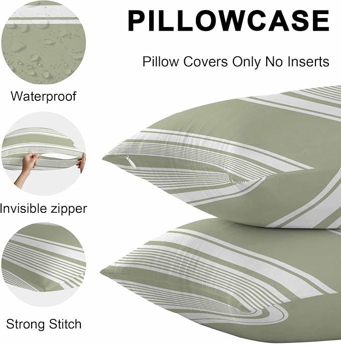 Vandarllin Outdoor Throw Pillows Covers 20x12 inch Set of 2 Waterproof Sage Green Stripes Decorative Zippered Cushion Covers for Patio Furniture, Striped Lines Lumbar Pillowcases
