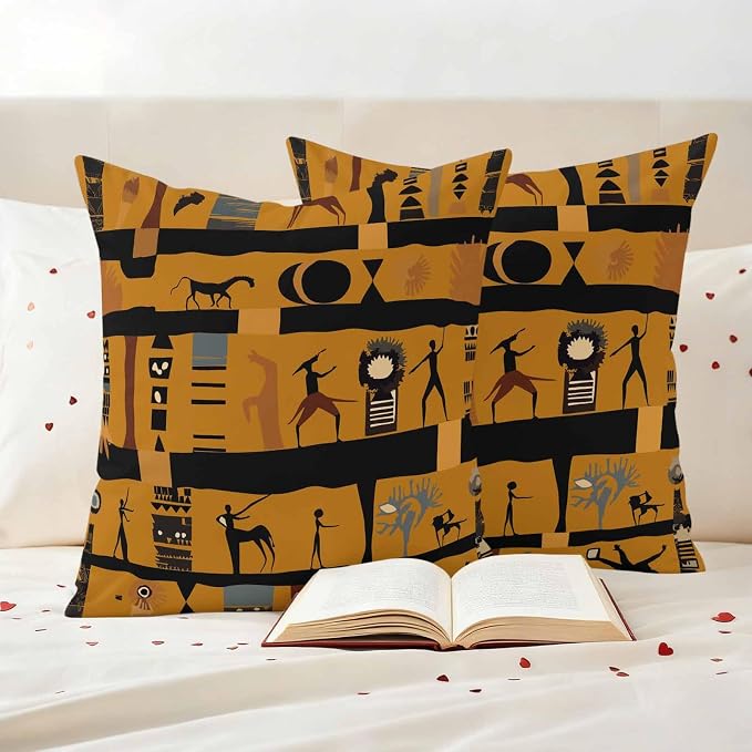 Outdoor Pillow Covers Waterproof, African Ethnic Decorative Square Throw Pillowcases Patio Cushion Covers for Tent/Garden, 16" x 16" 2 Pack, Vintage Ethnic Tribes Richness Brown