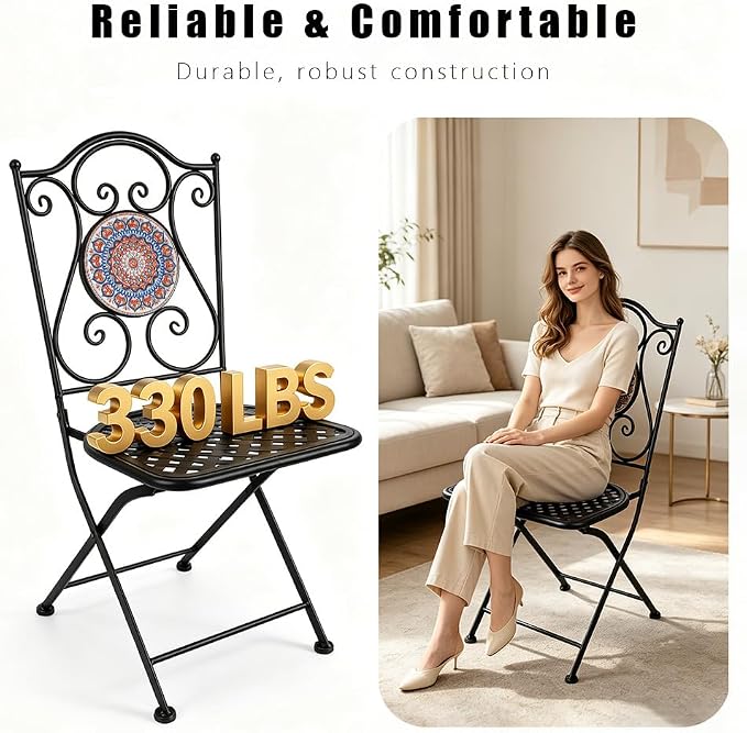 Folding Patio Chairs Set of 2 Mosaic Bistro Chair Outdoor Seating | Garden Patio Furniture Seating Heavy Duty Metal Frame Dining Chairs for Lawn Yard Balcony Porch Backyard Poolside