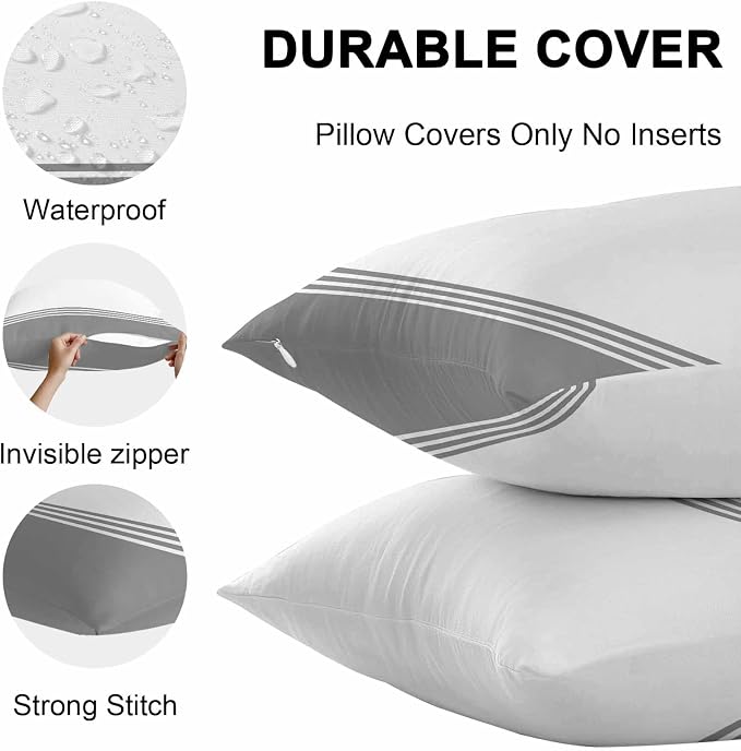 Throw Pillow Covers 24x24 Inch Set of 2, Grey White Striped Waterproof Outdoor Cushion Covers, Modern Abstract Art Aesthetics Decorative Pillowcases for Couch, Sofa, Bed, Garden, Patio