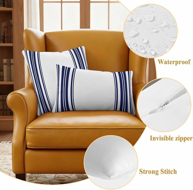 Outdoor Waterproof Throw Pillow Covers Set of 2 Navy Blue Stripes Pillowcases 18x18 Inches White Vertical Striped Decorative Pillows Cushion Case Patio Pillows for Couch Bed Chair Garden