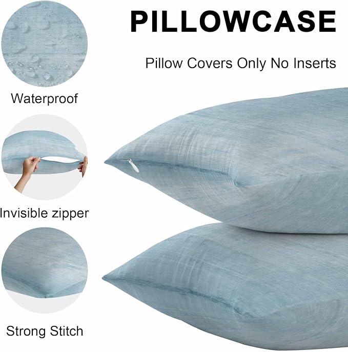 Vandarllin Outdoor Throw Pillows Covers 16x16 inch Set of 2 Waterproof Sky Blue Linen Decorative Zippered Cushion Covers for Patio Furniture, Solid Color Texture Lumbar Pillowcases