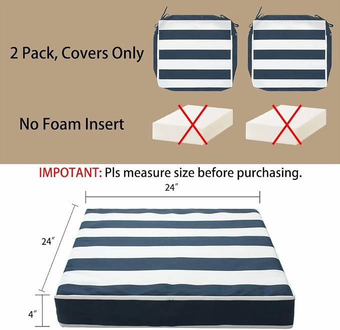 Magpie Fabrics Indoor Outdoor Cushion Cover Replacement 2 Pack, NO Insert! Water Repellent Slipcover with Ties Christmas Decor for Patio Garden Chair Seat Sofa Bench Wicker(Navy White, 24x24x4 Inch)