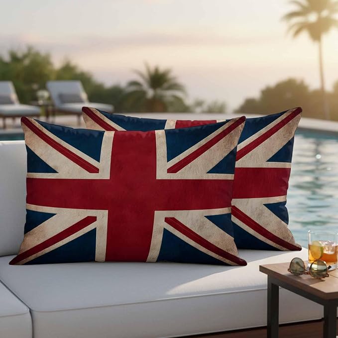 4th of July Outdoor Throw Pillows Covers 20x12 inch Set of 2 Waterproof British Flag Decorative Zippered Cushion Covers for Patio Furniture, Vintage National Flag Independence Day Lumbar Pillowcases