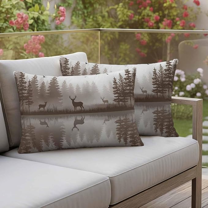 Yukro Brown Nature Landscape Outdoor Waterproof Pillow Covers Pack of 2, Deer Misty Lake Foggy Forest Birds Throw Pillowcases Decorative Cushion Covers for Garden Patio Tent Sofa Couch, 20x12 inch