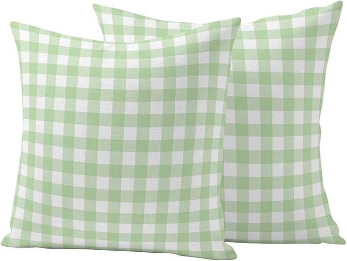 Mint Green Checks Outdoor Pillow Covers 18"x18" Set of 2, Gingham Plaid Abstract Modern Minimalist Waterproof Throw Pillow Covers for Patio Furniture, Decorative Cushion Covers for Porch