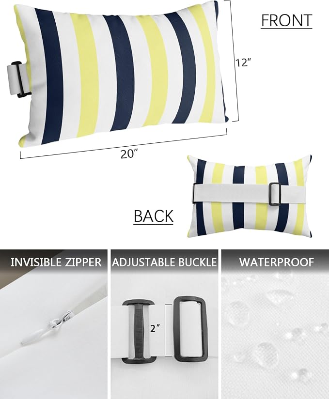 Outdoor Pillows Waterproof Covers Set of 2, Navy Blue Yellow Stripes Adjustable Elastic Chaise Lounge Headrest Pillow Covers, Contrast Striped Lumbar Pillow for Pool Patio Furniture 20x12 Inch