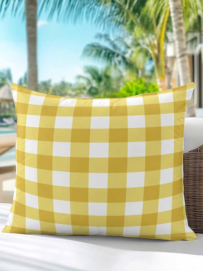 Waterproof Outdoor Pillow 1 Pack Yellow Buffalo Plaid Decorative Throw Pillows Cover & Insert 18x18 Inch Pillowcase Check Lines Square Pillows for Couch Sofa Bed Patio Furniture Indoor Outdoor