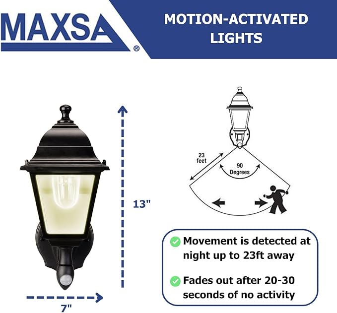 MAXSA 43319 Battery-Run Motion-Activated Outdoor Metal Wall Sconce Black | Metal and Glass Battery-Powered, No Wiring Needed, 13 x 8.5 x 6" Automatic Operation, Easy Installation Black Warm White LEDs