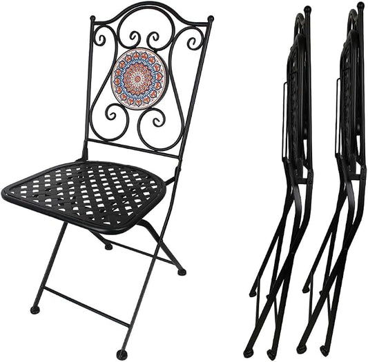 Folding Patio Chairs Set of 2 Mosaic Bistro Chair Outdoor Seating | Garden Patio Furniture Seating Heavy Duty Metal Frame Dining Chairs for Lawn Yard Balcony Porch Backyard Poolside