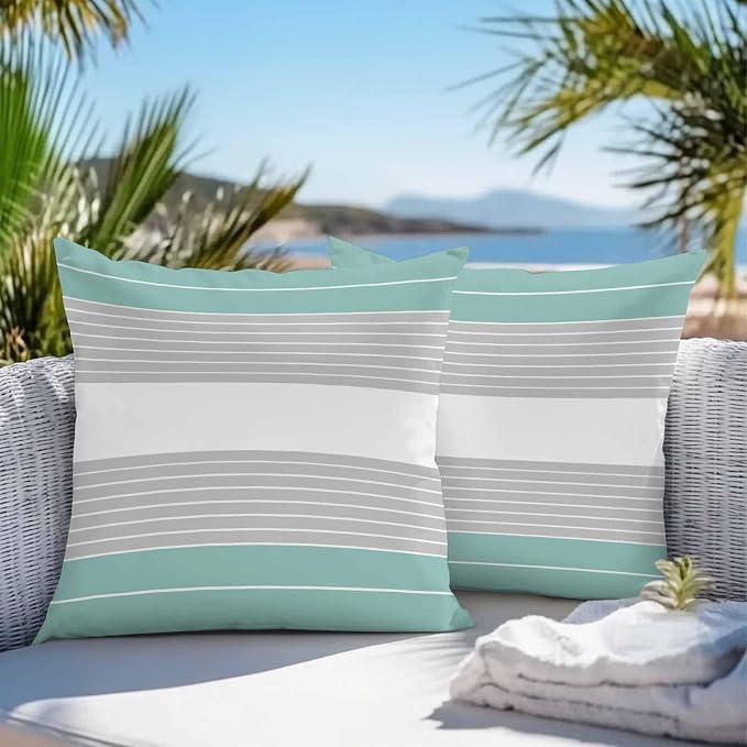 Turquoise Grey Stripe Outdoor Pillow Covers Waterproof, All Weather Cushion Case Set of 2, Modern Art Horizontal Striped Decorative Pillowcases for Sofa Couch Bed Decor Patio Furniture 16"x16"