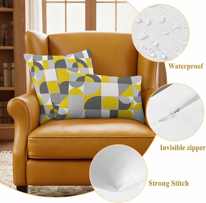 Mid Century Outdoor Waterproof Throw Pillow Covers Set of 2, 18"x18", Yellow Grey Abstract Retro Geometric Modern Decorative Pillow Covers Outside Cushion Case for Patio Porch Garden