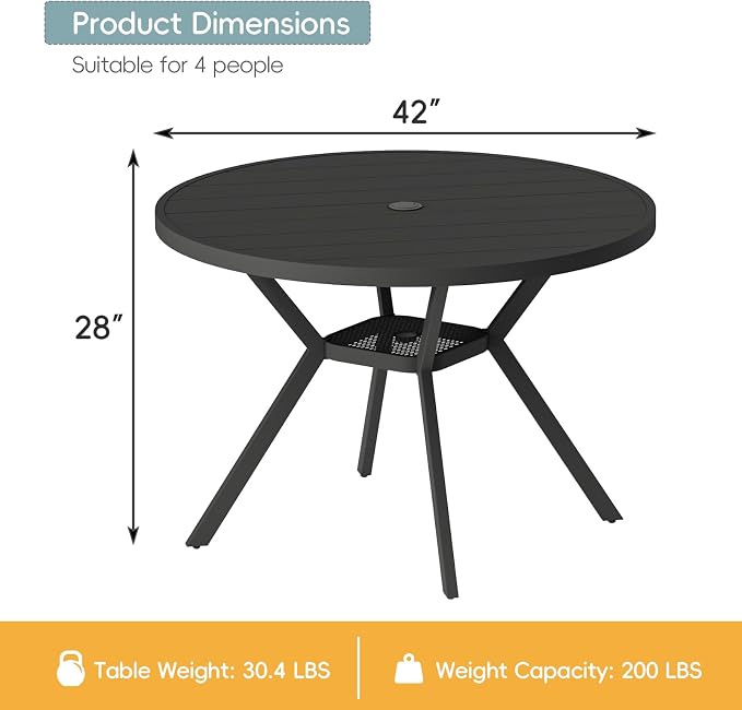 42" Outdoor Patio Table Dining Table All Weather Metal Round Patio Dining Table with Adjustable Umbrella Hole Patio Furniture for Lawn Garden Backyard, Black