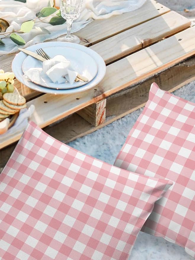Outdoor Waterproof Throw Pillow Covers Set of 2 Romantic Love Pillowcases 18x18 Inches Pink Buffalo Check Plaid Patio Decorative Pillows Cushion Case Patio Pillows for Couch Bed Chair Garden