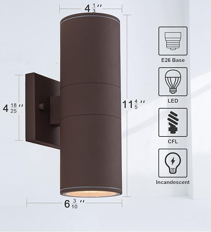 Ken & Ricky Cylinder Outdoor Wall Sconce Lights,Up and Down, Brown,2 Pack | Aluminum Waterproof Outdoor Wall light,No Glare,Exterior Lighting Fixtures,E26 Base，For Porch House Garage Front Door Patio
