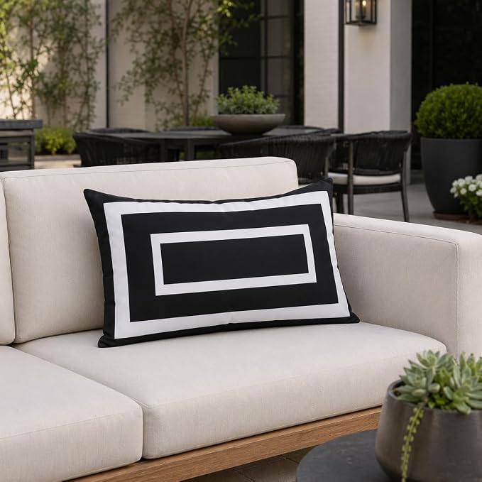 Pyonic Outdoor Waterproof Throw Pillow Covers 12 X 20 Inches Black and White Geometric Modern Pillow Covers for Patio Garden Porch Set of 2