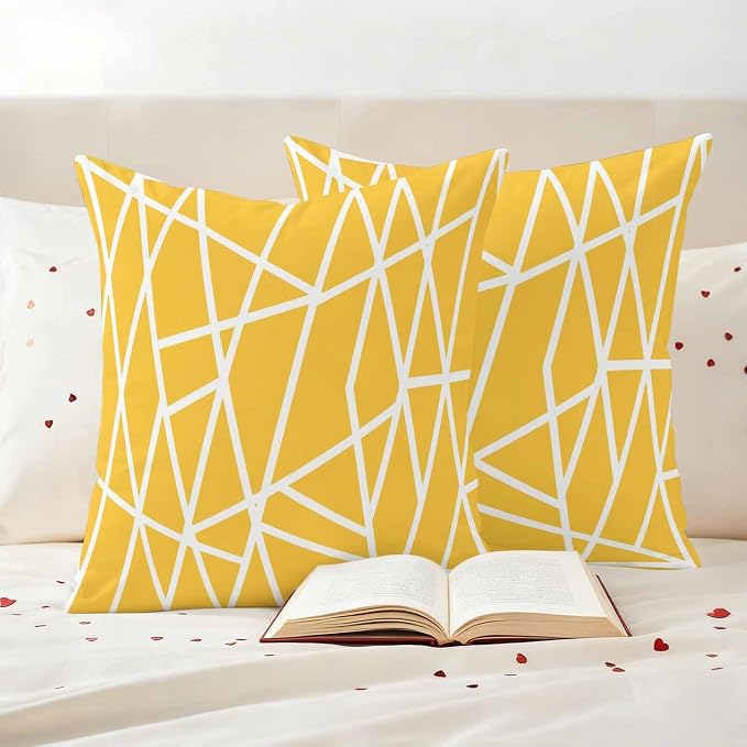 Outdoor Pillow Covers Waterproof, Yellow Geometric Decorative Square Throw Pillowcases Patio Cushion Covers for Tent/Garden, 24" x 24" 2 Pack, Abstract Stripes Modern Minimalist