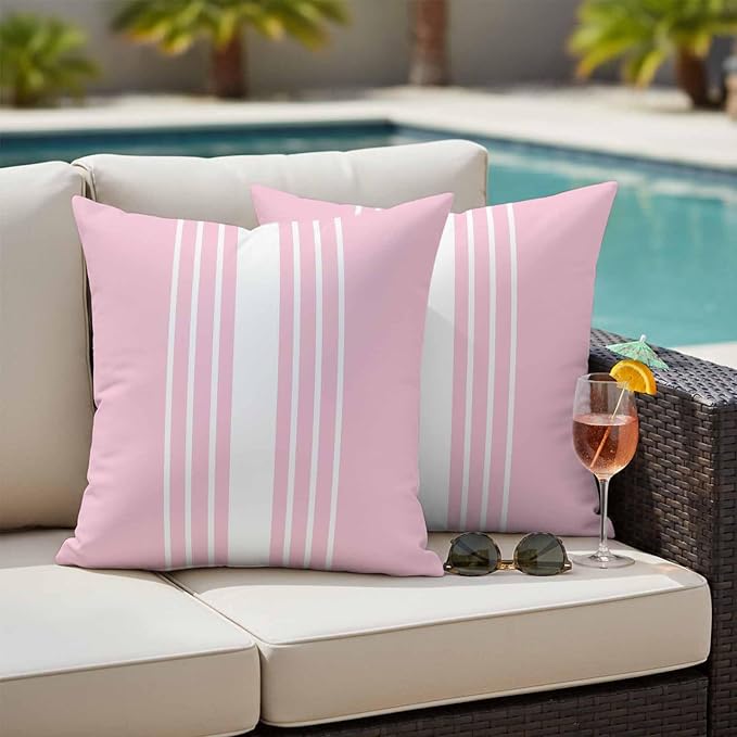 Pink White Stripe Outdoor Pillow Covers 20x20 Inch Throw Pillow Covers Set of 2 Waterproof Decorative Pillow Cases Modern Rustic Vertical Striped Cushion Covers for Patio Furniture Garden Couch Sofa