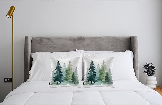 Swono 18"X18" Throw Pillow Covers Fir Trees, Watercolor Christmas Pine Fir Forest Boho Pillowcase Cushion Covers for Couch Bed, Green Square Decorative Pillow Cover Home Sofa Bedroom Car, 2 Pcs