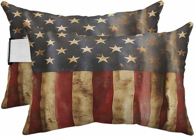 Pack of 2 Outdoor Lumbar Cushions with Inserts, American Vintage US Flag Patriot Waterproof Fluffy Fade Body Pillows, Patio Furniture Pillow for Home Balcony Garden Decor 11x16IN