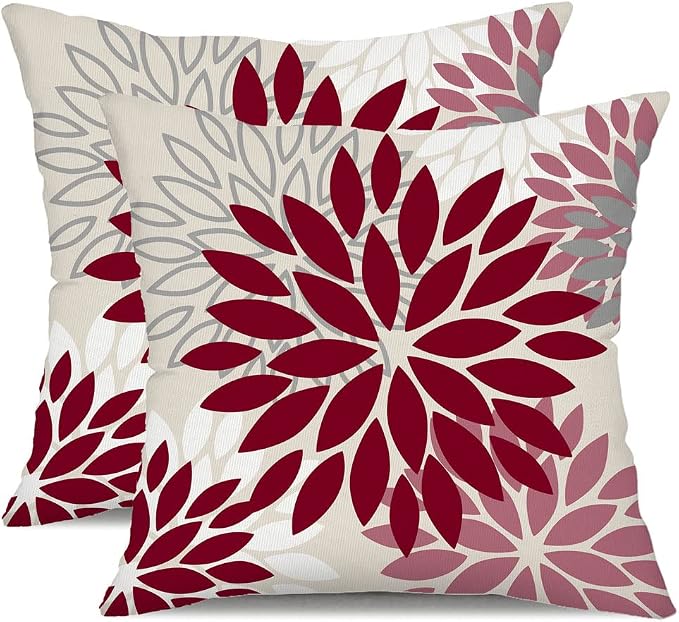 DFXSZ Outdoor Waterproof Pillow Covers 20x20 Set of 2 Wine Red Pink Flower | Spring Summer Waterproof Flower Throw Pillowcases（No Inserts）Decor for Valentines Patio Funiture Garden Polyester Covers