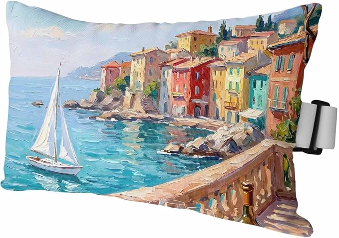 Outdoor Lumbar Pillow Set of 1, Coastal Nautical Waterproof Beach Headrest Pillow with Inserts, Modern Ocean Oil Painting Country Sailboat Recliner Throw Pillows for Patio Furniture, 11 x 16