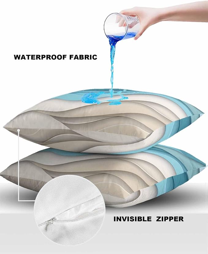 Pack of 2 Ombre Blue Brown Outdoor Pillow Waterproof Covers 24x24 inch, Abstract Wave Polyester Throw Pillow Covers Garden Cushion Decorative Case for Patio Couch Decoration