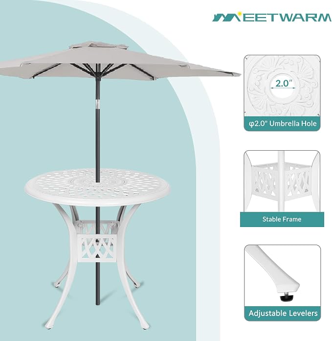 MEETWARM 31" Round Patio Bistro Table, Outdoor Cast Aluminum Small Dinning Table with 2" Umbrella Hole, White