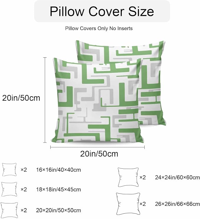 Vandarllin Outdoor Throw Pillows Covers 16x16 inch Set of 2 Waterproof Green Geometric Stripes Decorative Zippered Cushion Covers for Patio Furniture, Modern Abstract Lines Lumbar Pillowcases