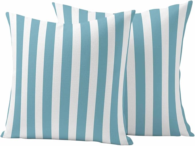 Aqua Striped Outdoor Waterproof Throw Pillow Covers 16x16 Set of 2, Modern Farmhouse Blue White Stripes Decorative Pillowcases Cushion Pillowcase for Couch Sofa Patio Outside Pillow Protector