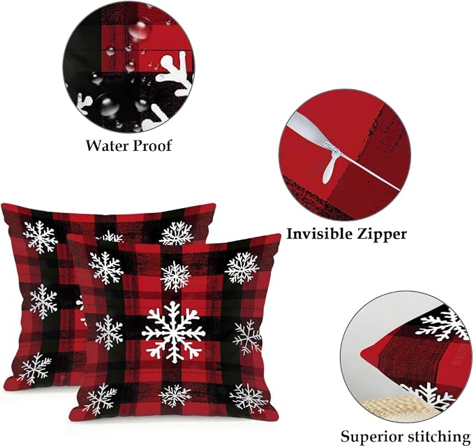 18x18 Inch Outdoor Pillow Covers Set of 2 Waterproof Throw Pillow Covers Decorative Couch Cushion Covers Buffalo Plaid Snow Square Pillowcases Protectors for Patio Garden Sofa